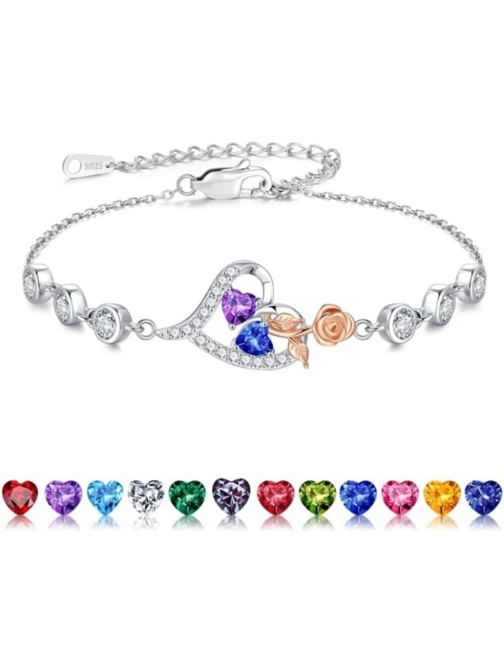 Women's Blue Purple Heart Silver Birthstone Anniversary Birthday Gift Bracelets